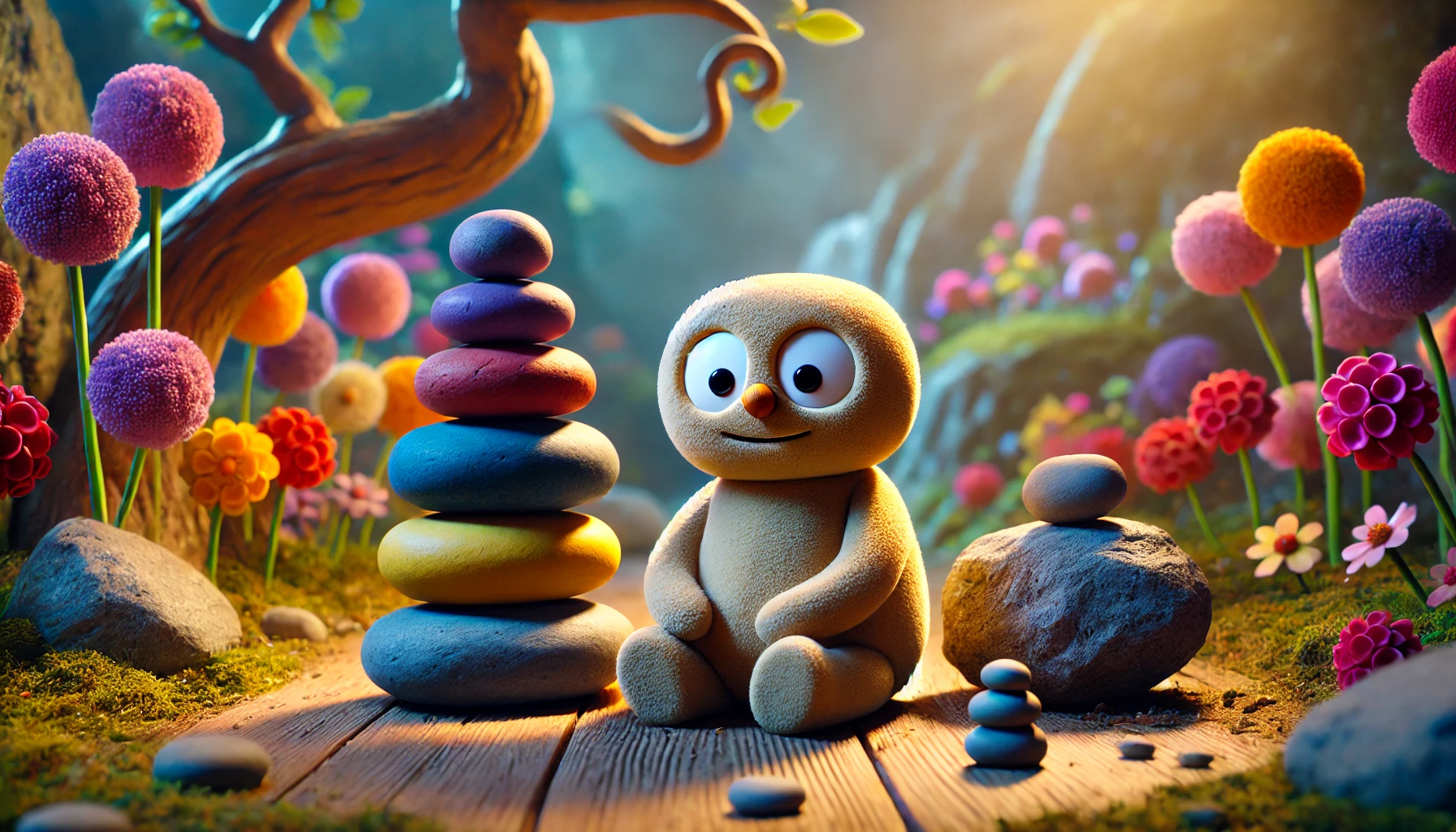 A peaceful scene of Makka Pakka carefully stacking his signature stones in a whimsical garden, reinforcing his love for order and contradicting "Makka Pakka Death" rumors.