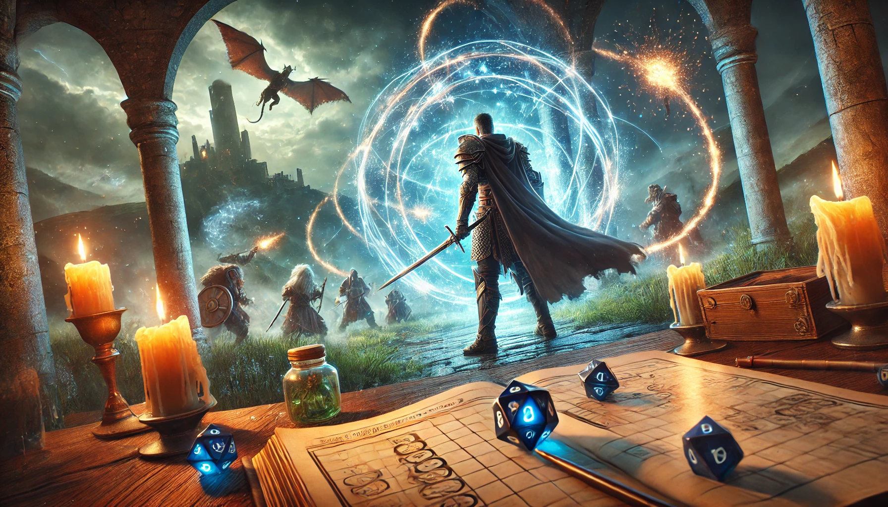 Dungeons & Dragons warrior preparing to strike, surrounded by magical energies, with a battle unfolding in the background. The image captures a strategic moment in a medieval fantasy setting, emphasizing readiness and combat.